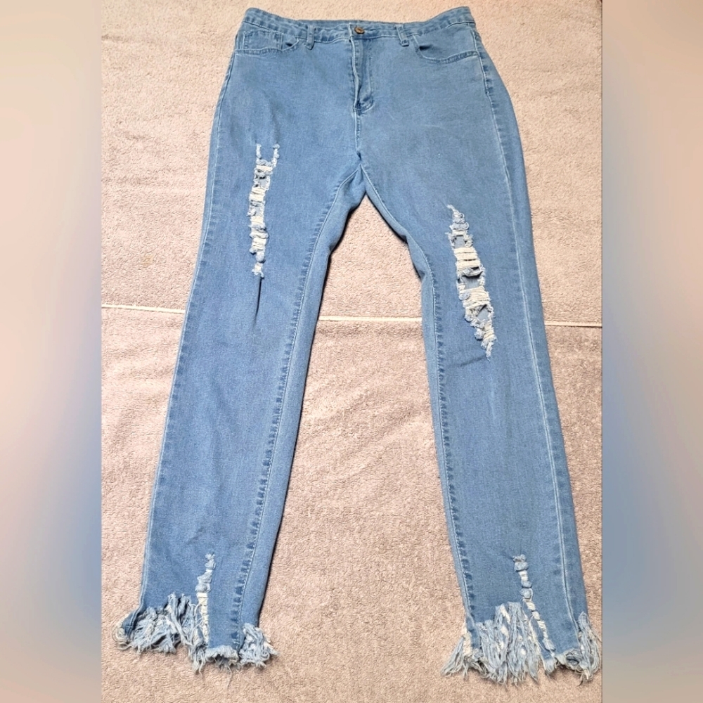 Shein Jeans Womens Large Distressed Blue Ripped High Rise Straight leg B…
